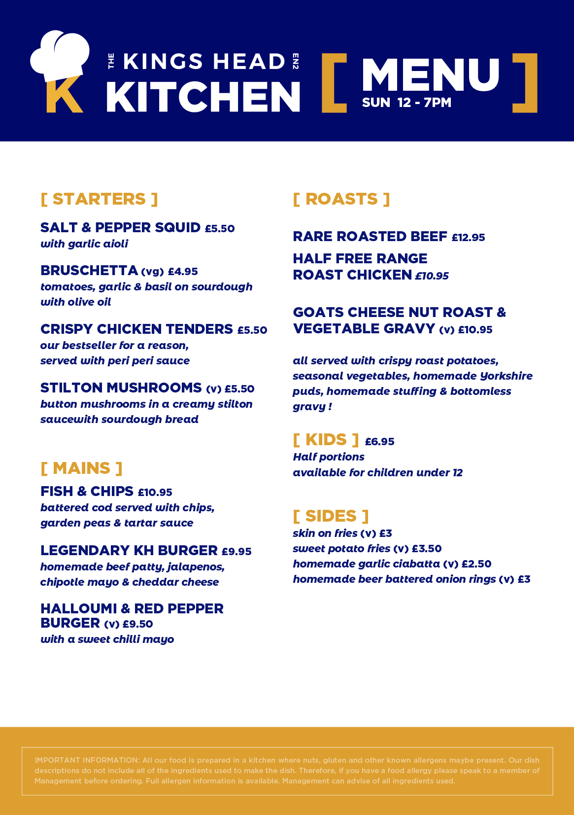 Kings Kitchen Sunday Menu
