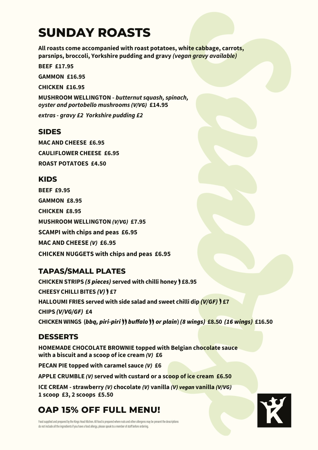 Springhead Menu MENUS | The Kings Head Pub
